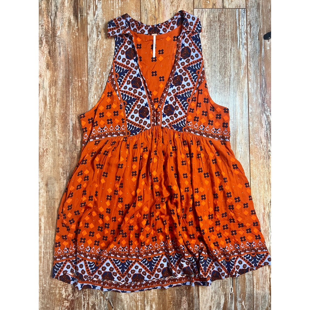 Free People Orange Blue Boho Geometric Sleeveless Babydoll Tunic Top w/Pockets